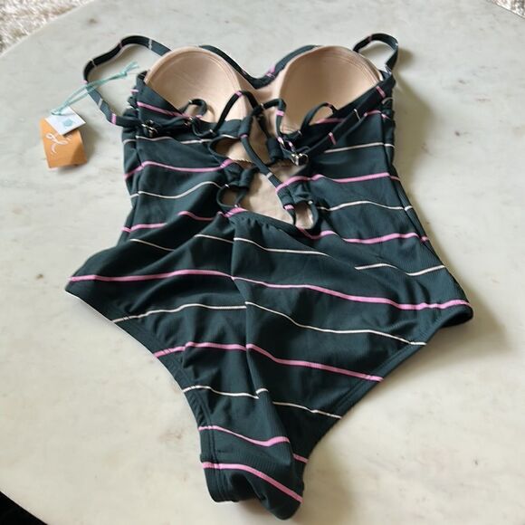 Kona Sol gray and pink stripe one piece bathing suit size SMALL NEW - Picture 7 of 9